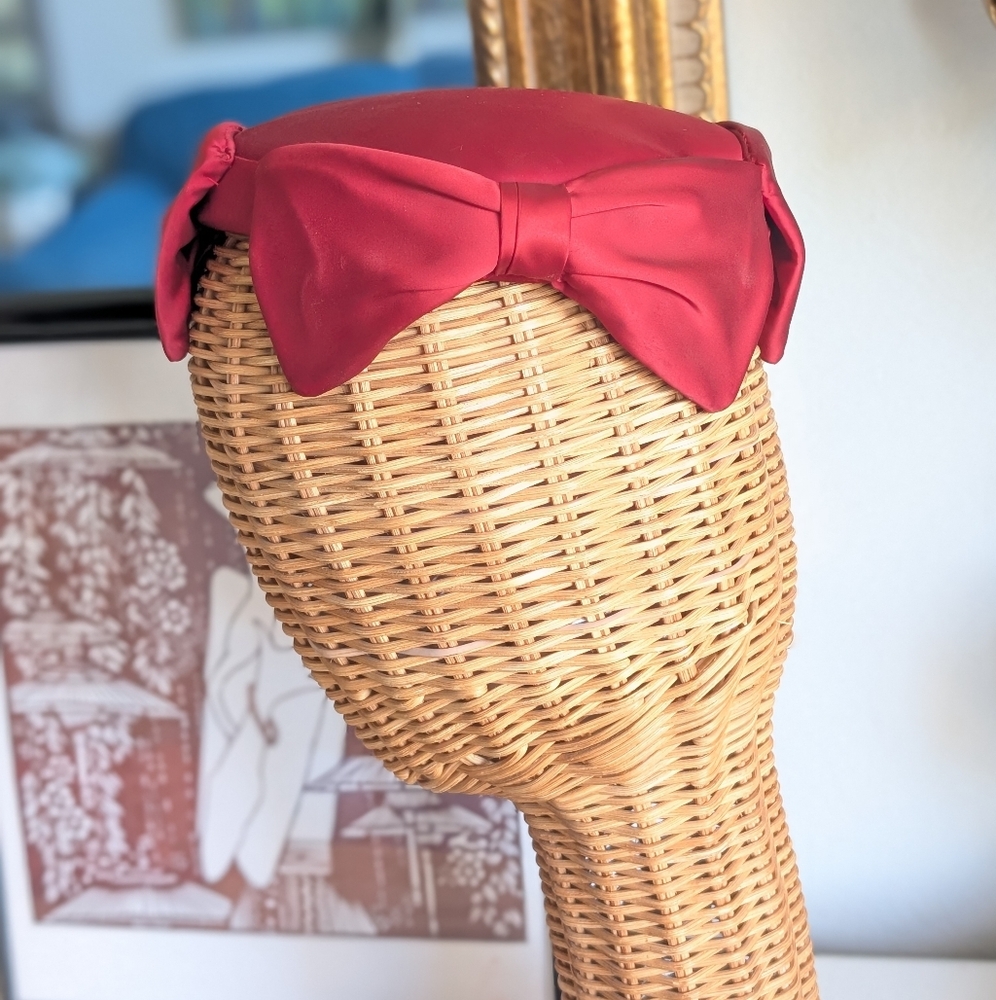 Vintage 50s 60s Gene Doris of New York Red Satin Pillbox Hat with Bows